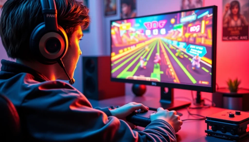 Engaged player enjoying the bdg game with colorful graphics in a vibrant gaming setup.