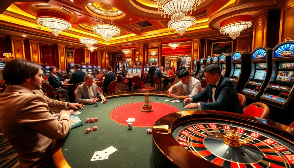 Experience thrilling moments at go8 com with players enjoying high-stakes poker and vibrant slot machines.