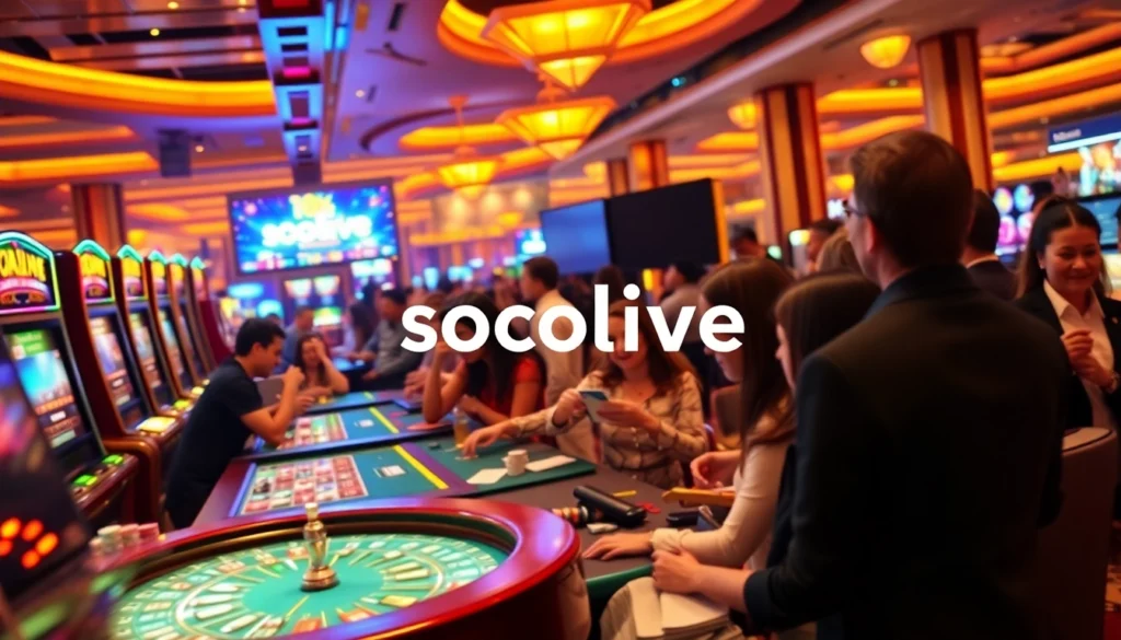 Socolive captures the excitement of a casino scene with players winning at poker and blackjack under vibrant lights.
