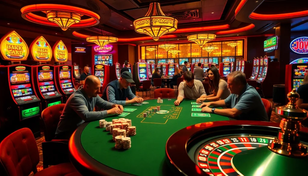 J88 table with players immersed in an intense poker game amidst vibrant casino lights.