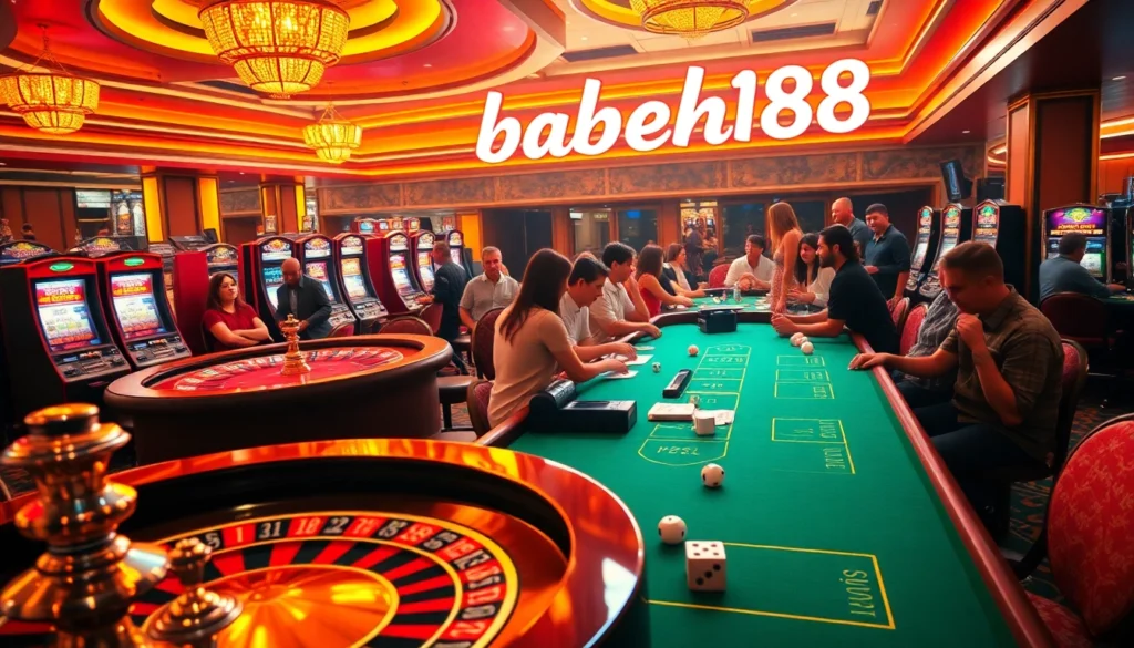 Players enjoying thrilling games at Babeh188's casino, featuring roulette, poker, and vibrant slot machines.
