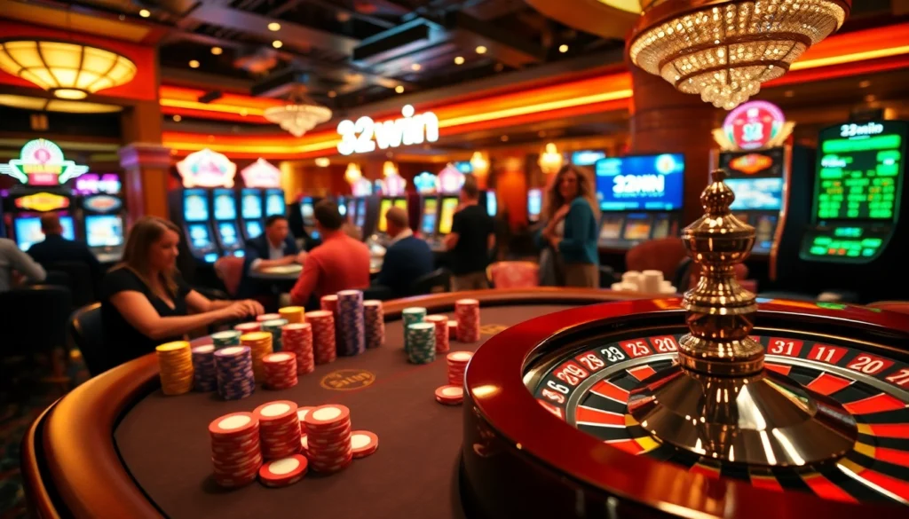 Experience the electrifying atmosphere of 32win's casino with lively poker and roulette games.