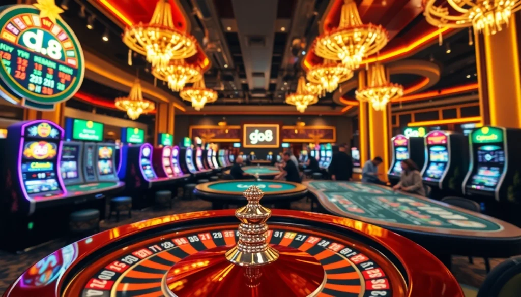 Experience thrilling moments at a casino with go8 com, featuring spinning roulette wheels and vibrant slot machines.