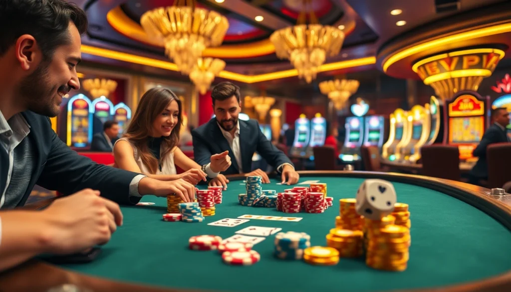 Bet VIP high-stakes gamblers strategizing at a lavish casino poker table amidst vibrant lights and high-end slot machines.