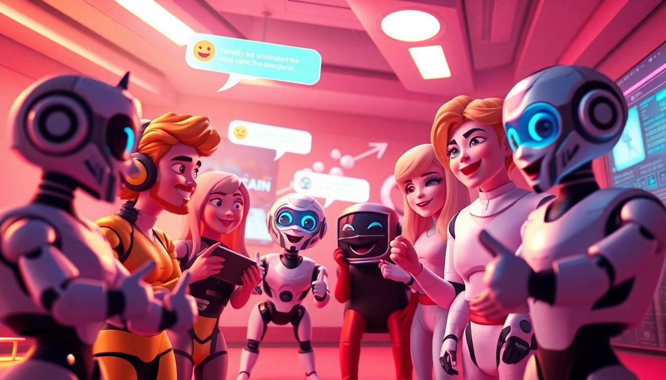 Engaging digital scene of AI characters interacting in fun chat, highlighting ai sex chat free experiences.