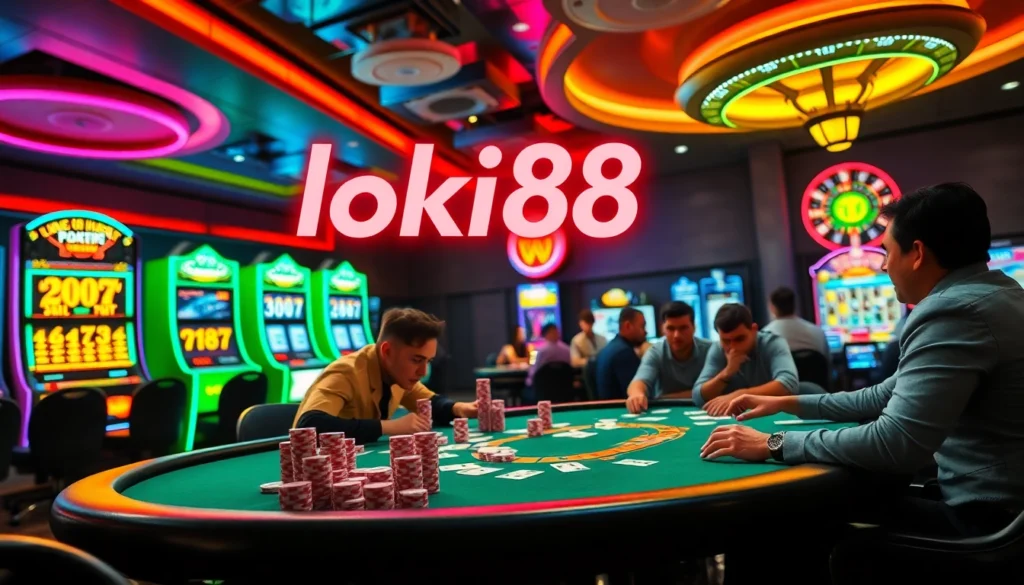 Loki88 poker table bustling with players, cards and chips in action.