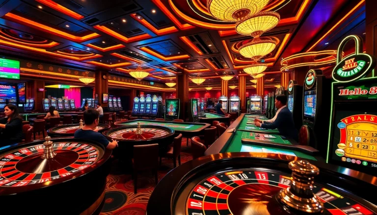 HELLO88 players celebrating a win at vibrant casino tables filled with chips.