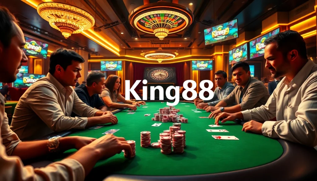 Engaged players at a poker table featuring the đăng nhập King88 digital interface for logging in to the casino.