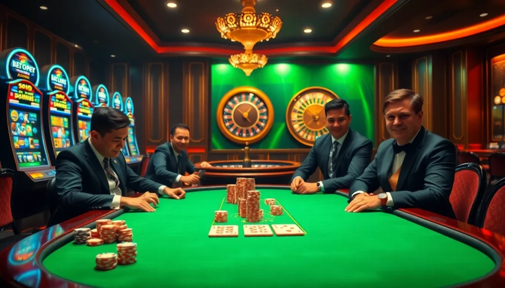 Experience the excitement of gambling at nhà cái bet88 with players enjoying poker at a lavish casino table, vibrant slots, and roulette wheel.