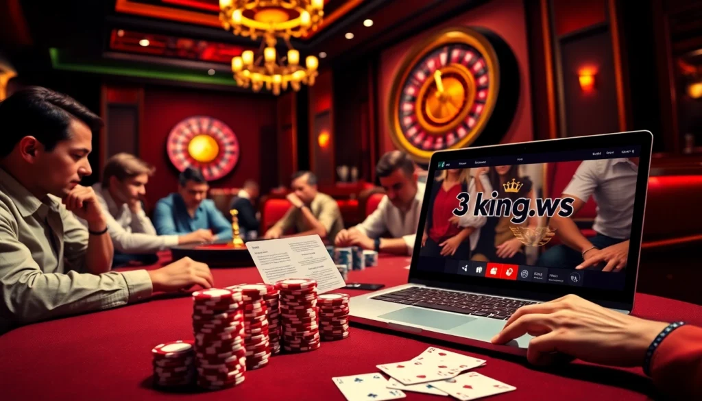 Experience thrilling poker dynamics at 3king.ws with vibrant casino atmosphere featuring iconic poker chips and cards.