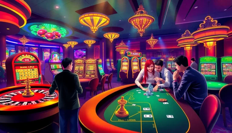 Players enjoying a thrilling experience at tg88.com casino with vibrant slot machines and poker tables.